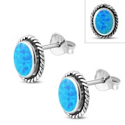 Oval Synthetic Azure Opal Silver Stud Earrings, e336